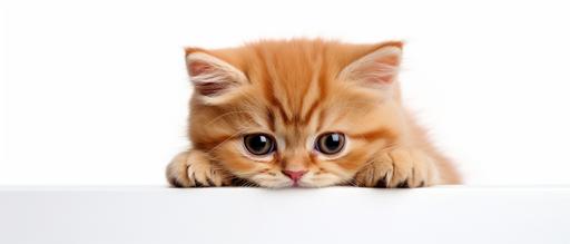 Photo-realistic photo of a red sad kitten's face. White background. --style raw --ar 21:9