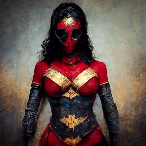 Photo realistic photo of a woman wearing wonder woman deadpool cosplay
