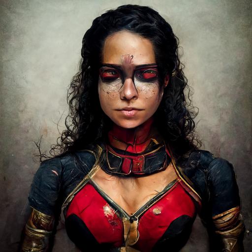Photo realistic photo of a woman wearing wonder woman deadpool cosplay