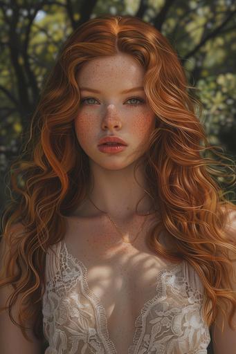 Photo-realistic portrait of a very attractive young woman with long red hair, wearing a v lace dress, in the style of mark henson, alex howitt, frieke janssens, 1970s, commission for, folkloric portraits, realistic, detailed rendering, enhanced vivid *mangrove* colors --ar 2:3 --v 6.0 --s 299