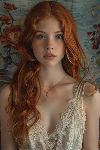 Photo-realistic portrait of a very attractive young woman with long red hair, wearing a v lace dress, in the style of mark henson, alex howitt, frieke janssens, 1970s, commission for, folkloric portraits, realistic, detailed rendering, enhanced vivid *mangrove* colors --ar 2:3 --v 6.0 --s 299