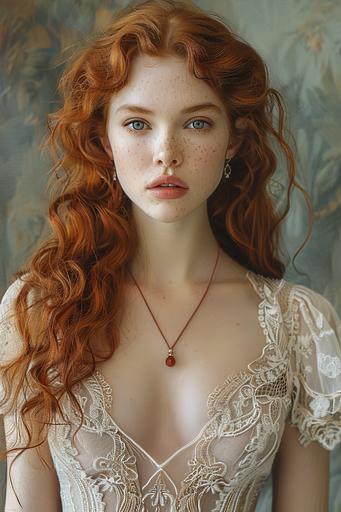 Photo-realistic portrait of a very attractive young woman with long red hair, wearing a v lace dress, in the style of mark henson, alex howitt, frieke janssens, 1970s, commission for, folkloric portraits, realistic, detailed rendering, enhanced vivid *mangrove* colors --ar 2:3 --v 6.0 --s 399