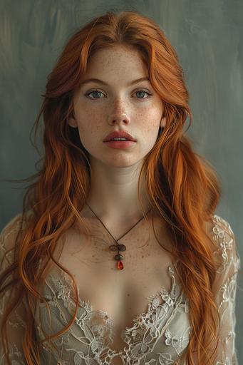 Photo-realistic portrait of a very attractive young woman with long red hair, wearing a v lace dress, in the style of mark henson, alex howitt, frieke janssens, 1970s, commission for, folkloric portraits, realistic, detailed rendering, enhanced vivid *mangrove* colors --ar 2:3 --v 6.0 --s 399