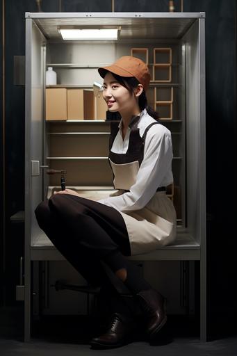 Photo taken from the right side of a Japanese woman sitting on a chair sideways in a steel box 180 cm high, 90 cm wide, and 90 cm deep, looking at the camera, barista wearing a white shirt and a brown apron, the woman is completely inside the box, the entire box fits in the screen, the woman is pouring coffee into a cup, the box outside of the box, many buttons indicating types of coffee, coin slot, [caffe] sign, photo taken with standard lens, rich textural expression including degradation, no white background --ar 2:3