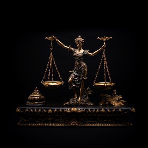 Photo taken in its entirety, small Scales Of Justice, a completely black background, 3D illustration of graphic art, Whole body, full picture, small justice logo by Lincoln Tyler 2, a Thai ambiance with Thai decorations, meticulous attention to detail, and a Thai style. The primary focus is on the graphic art being much smaller than the background, small, 35 mm photo, 4K photo, realistic photo