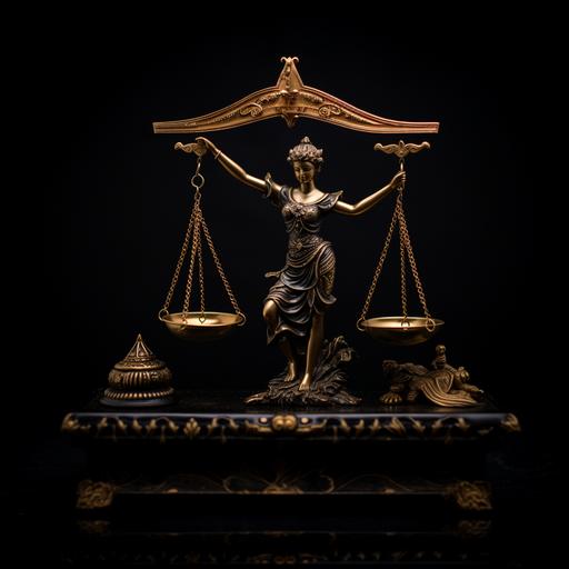 Photo taken in its entirety, small Scales Of Justice, a completely black background, 3D illustration of graphic art, Whole body, full picture, small justice logo by Lincoln Tyler 2, a Thai ambiance with Thai decorations, meticulous attention to detail, and a Thai style. The primary focus is on the graphic art being much smaller than the background, small, 35 mm photo, 4K photo, realistic photo