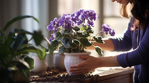 Photo woman caring of an African Violet plant in a white pot, also known as Saintpaulia, on windowsill, ultrarealistic, hyperrealistic, detailed, --ar 16:9