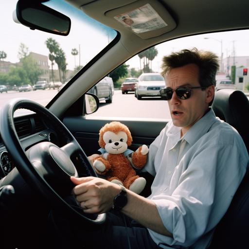 Photograph insane freaking out distracted dad driving a car. dad is stressed out attractive twenty-four year old, holding a stuffed animal. Cameria is eye level in front of the dad. Dad is looking out the windsheild of the car. 11am. Sunny day. Silver Lake, Los Angelos. style of magazine photo journalism. 35 mm camera. Color photography --v 5.1 --s 750