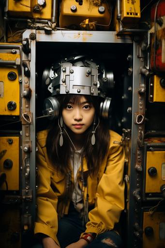 Photograph of a prety cute Japanese girl sitting on a chair inside a hard Mechanical steel box,metalic color,180 cm high, 90 cm wide, 90 cm deep, taken from the front, the girl is completely inside the box, the entire box fits in the image, taken with a standard lens, rich textural expression including degradation, white no background --ar 2:3 --s 750