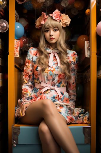 Photograph of a prety cute Japanese woman sitting on a chair inside a hard mechanical steel box 180 cm high, 90 cm wide, 90 cm deep, taken from the right side, the woman is completely inside the box, Gorgeous outfit in pastel colors,the entire box fits in the image, taken with a standard lens, rich textural expression including degradation, white no background --ar 2:3 --s 750