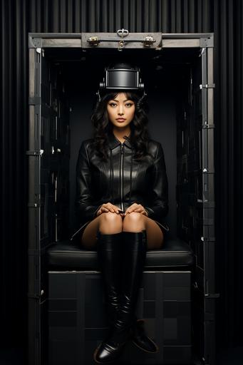 Photograph of a prety cute Japanese woman sitting on a chair inside a hard Mechanical steel box 180 cm high, 90 cm wide, 90 cm deep, taken from the front, the woman is completely inside the box, the entire box fits in the image, taken with a standard lens, rich textural expression including degradation, white no background --ar 2:3 --s 750