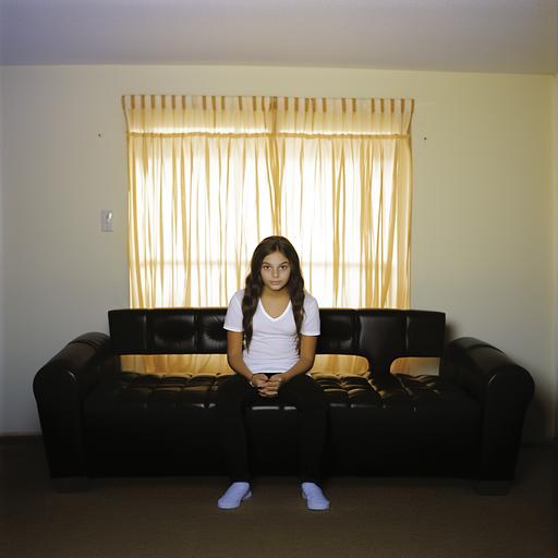 Photograph of girl, age 10, long dark hair, facing photographer, seated tailor-style on sofa, white T-shirt, black athletic shorts, slight smile, soft light, wide angle lens --no shoes — no socks