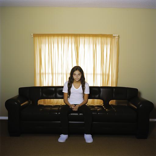 Photograph of girl, age 10, long dark hair, facing photographer, seated tailor-style on sofa, white T-shirt, black athletic shorts, slight smile, soft light, wide angle lens --no shoes — no socks