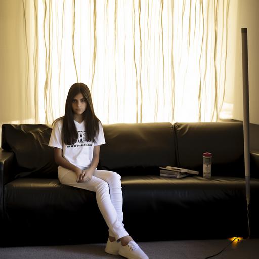 Photograph of girl, age 10, long dark hair, facing photographer, seated tailor-style on sofa, white T-shirt, black athletic shorts, slight smile, soft light, wide angle lens --no shoes — no socks