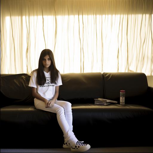 Photograph of girl, age 10, long dark hair, facing photographer, seated tailor-style on sofa, white T-shirt, black athletic shorts, slight smile, soft light, wide angle lens --no shoes — no socks