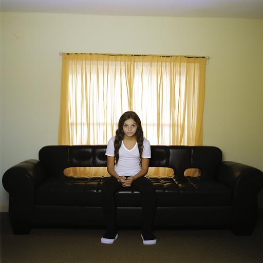 Photograph of girl, age 10, long dark hair, facing photographer, seated tailor-style on sofa, white T-shirt, black athletic shorts, slight smile, soft light, wide angle lens --no shoes — no socks