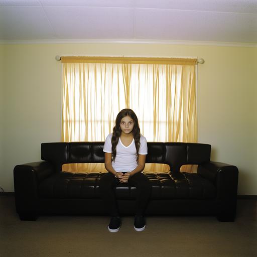 Photograph of girl, age 10, long dark hair, facing photographer, seated tailor-style on sofa, white T-shirt, black athletic shorts, slight smile, soft light, wide angle lens --no shoes — no socks