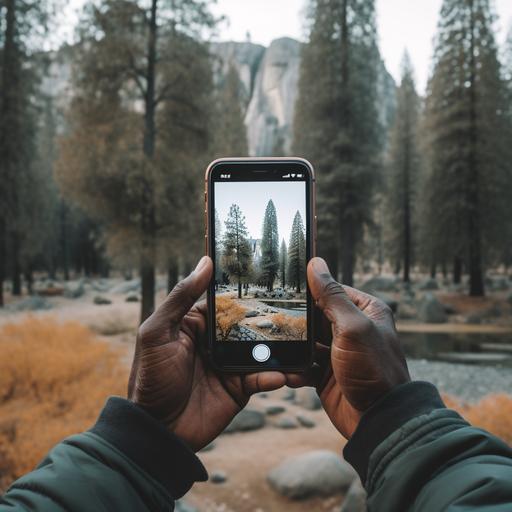 Photograph of older black man's hands holding up an iphone. the background is national park. Magazine style photo. Hyperrealistic. 4k. 35 mm wide angle lens, ultra realistic, film still, medium format camera, Portra 400 color Film --v 5.1 --s 750