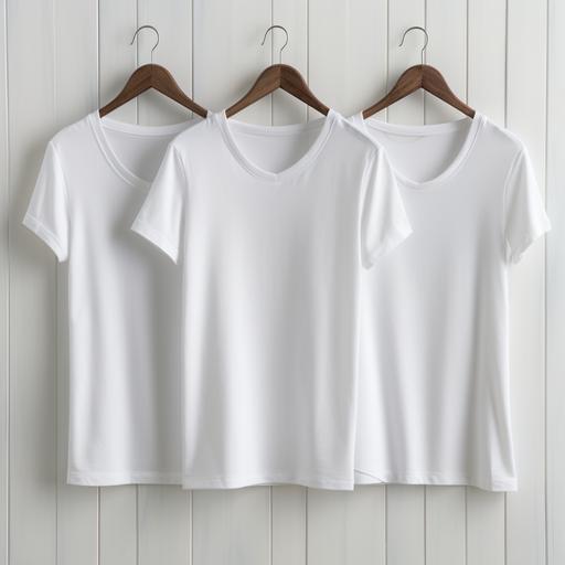 Photograph or illustration of three V-neck shirts for women, all in white color, neatly hung on a completely white wall. The shirts should be perfectly spread out, showing their details and texture. The lighting should be soft and uniform, avoiding harsh shadows, to highlight the purity and simplicity of white. The composition should be straightforward and balanced, focusing attention on the shirts, and conveying a sense of minimalism and elegance.