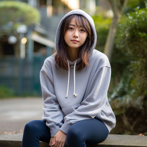 Photograph-quality, photosnap-style image in a 10:9 vertical aspect ratio of the previously used young Japanese girl, with her flawless facial features. She's dressed in a snug pullover hoodie that showcases her feminine form. The distressed Levi's 501 jeans she wears are form-fitting, emphasizing her graceful silhouette. Classic Converse shoes give her a casual touch. Her hair, styled naturally, resonates with her youthful spirit, and the neutral background focuses on her.