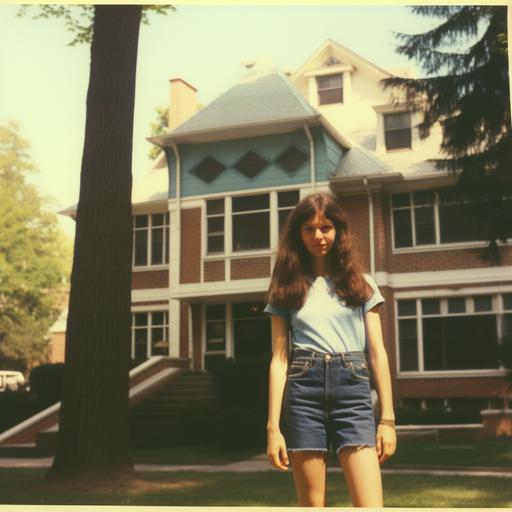 Photograph, vintage, color, Polaroid,circa 1978,woman,age twenty, long dark hair, pale skin, tube top, denim miniskirt, facing photographer, standing,late afternoon, posing in front of fraternity house