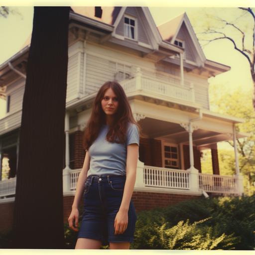 Photograph, vintage, color, Polaroid,circa 1978,woman,age twenty, long dark hair, pale skin, tube top, denim miniskirt, facing photographer, standing,late afternoon, posing in front of fraternity house