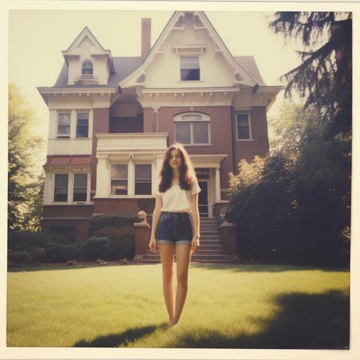 Photograph, vintage, color, Polaroid,woman,age twenty, long dark hair, pale skin, tube top, denim miniskirt, facing photographer, standing,late afternoon, posing in front of fraternity house
