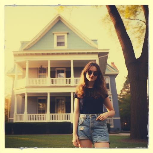 Photograph, vintage, color, Polaroid,woman,age twenty, long dark hair, pale skin, tube top, denim miniskirt, facing photographer, standing,late afternoon, posing in front of fraternity house