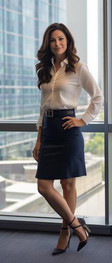 Photograph, woman, age forty, long dark hair, white blouse, navy blue skirt, mid-thigh length, nylons, black heels, pearls, standing, feet apart, facing photographer, in a conference room, windows in background --ar 3:7