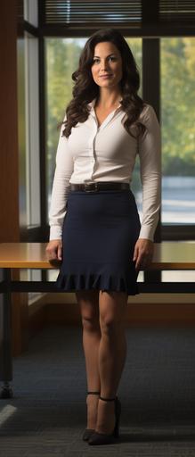Photograph, woman, age forty, long dark hair, white blouse, navy blue skirt, mid-thigh length, nylons, black heels, pearls, standing, feet apart, facing photographer, in a conference room, windows in background --ar 3:7
