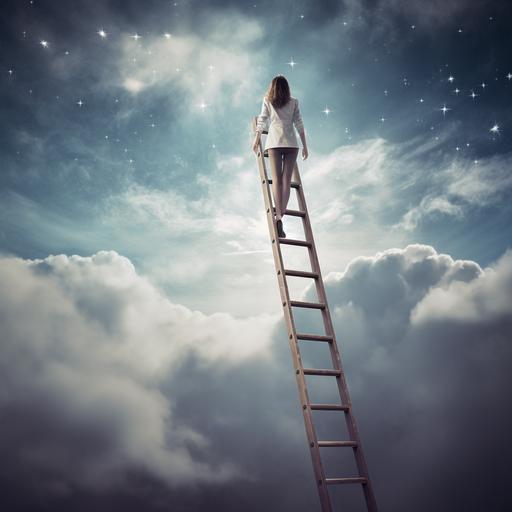 Photographic style, person climbing the career ladder, woman