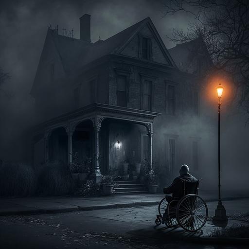 Photography of a man on wheelchair in front of old house, street light, fog, dark atmosphere
