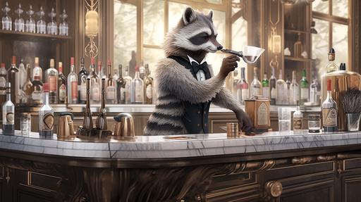 Photography of a whimsical scene featuring a raccoon bartender skillfully serving drinks behind a luxurious marble bar. The raccoon bartender is wearing a dapper suit with a bowtie, exuding charm and charisma. Its fur is sleek and well-groomed, giving it a sophisticated appearance. The marble bar is exquisitely crafted, with intricate details and a glossy finish. The bottles of various liquors are neatly arranged on the shelves behind the bar, reflecting the warm glow of the soft lighting. The raccoon bartender is expertly mixing cocktails, using shakers, muddlers, and other bartending tools with precision and flair. The atmosphere is lively, with patrons seated on plush bar stools, enjoying their drinks and engaging in animated conversations. The background is adorned with elegant wall art and a beautiful chandelier that adds a touch of elegance. The composition of the photograph is balanced and visually pleasing, with the raccoon bartender placed slightly off-center, drawing attention to its charismatic presence. The lighting is warm and inviting, creating a cozy and intimate ambiance. This photograph captures the essence of a unique and enchanting bar experience, where the unexpected presence of a raccoon bartender adds a delightful twist. [ andy warhol style], 3D, high poly, photorealism style, detailed anime illustration   cell shading   clean art style, soft shadows, key visual Grand Theft Auto V:: --ar 16:9 --niji 5