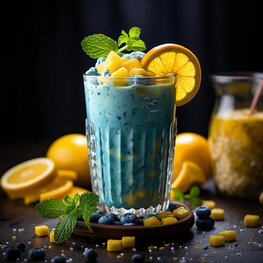 Photography of the Year: A vibrant blue smoothie in a tall glass, garnished with a slice of starfruit and a sprig of mint, shot on Canon EOS 5D Mark IV. Capture the smoothie against a neutral background to make the blue pop, with shallow DOF to blur the background, natural window light to highlight its texture, and a front view to show the garnish details. Use a vintage Kodak film style for added warmth --seed 78963 --s 250