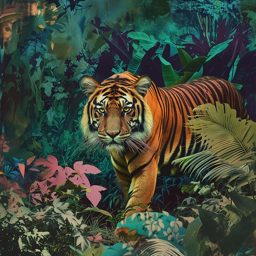 Photography seventies horror movie psychedelic acid-trip collage tiger in the jungle --s 50 --v 6.0