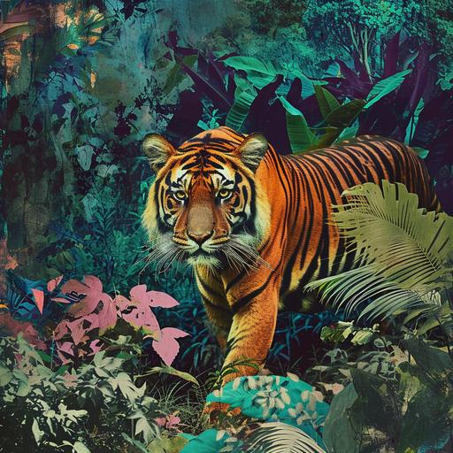 Photography seventies horror movie psychedelic acid-trip collage tiger in the jungle --s 50 --v 6.0