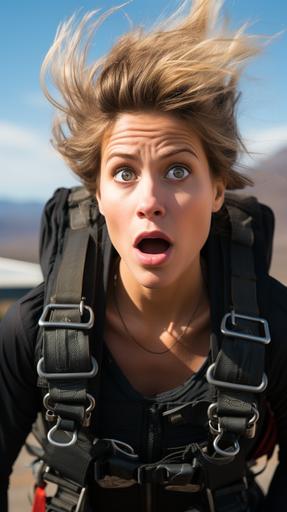 Photography with a Canon R5, 50 mm, young adult woman skydiving neutral face expression, closed mouth, face picture, --no smile, --ar 9:16 --s 250