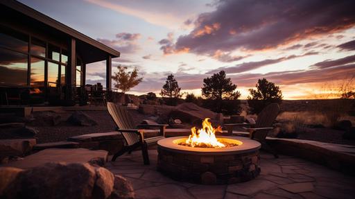 Photography. Shot on DSLR Canon 5D. Photo of a beautiful fire pit surrounded by chairs in a backyard of a modern 2 story house in Albuquerque, New Mexico. Early evening with sunset in background. --ar 16:9