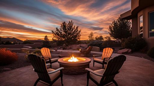Photography. Shot on DSLR Canon 5D. Photo of a beautiful fire pit surrounded by chairs in a backyard of a modern 2 story house in Albuquerque, New Mexico. Early evening with sunset in background. --aspect 16:9