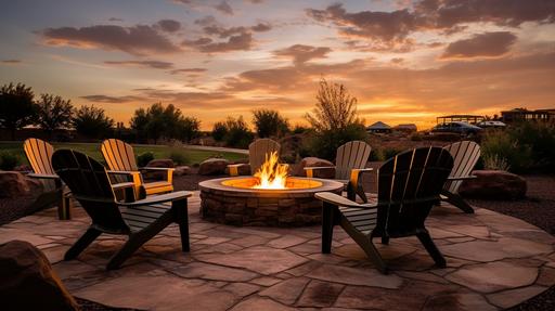 Photography. Shot on DSLR Canon 5D. Photo of a beautiful fire pit surrounded by chairs in a backyard of a 1 story house in Albuquerque, New Mexico. Early evening with sunset in background. --ar 16:9