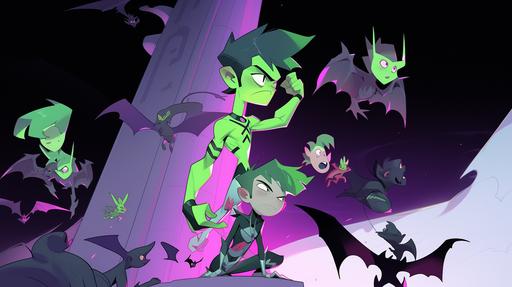 Photonegative refractograph in a Tim Burton/Edgar Wright style combo, capturing a live-action Beast Boy from 'Teen Titans Go' mid-transformation. The subject is half humanoid Beast Boy and half green Duck-Billed Platypus, prominently positioned in the Titans Tower. Surrounding him are Robin, Cyborg, Raven, and Starfire, each displaying a reaction of confusion. The scene is a wide shot with fluorescent lighting, emphasizing the surreal and whimsical moment. Beast Boy shows a mixture of shock and pride, embracing his new parenthood as he lays an egg. The scene captures the whimsical and peculiar essence, blending the iconic styles of Tim Burton and Edgar Wright with the vibrant Teen Titans universe, Photonegative refractograph, Tim Burton-Edgar Wright style, live-action Beast Boy transformation, green Duck-Billed Platypus, Titans Tower, Robin, Cyborg, Raven, Starfire, wide shot, fluorescent lighting, shock and pride in Beast Boy, confused Titans --style expressive --niji 5 --ar 16:9