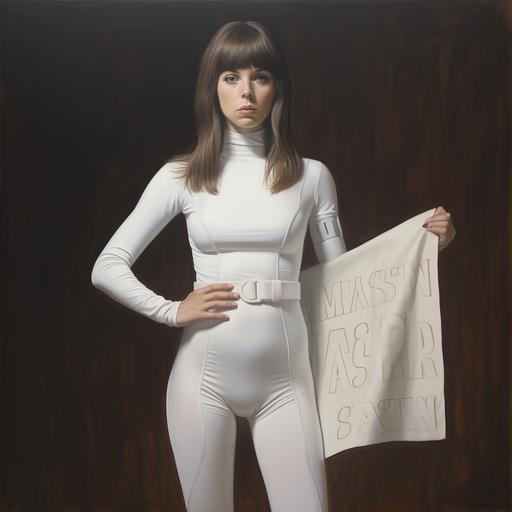 Photorealism Alice Paul style of marvel, white superhero outfit, holding a protest sign that says 