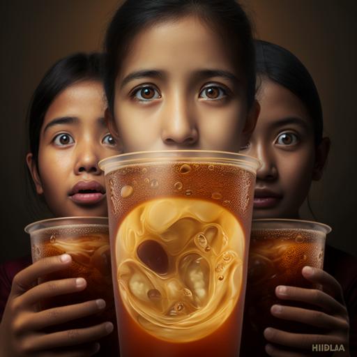 Photorealism of beautiful large eyes indonesian teenagers and kids enjoying iced Coffee Latte cup drink, large eyes, feeling fresh and spirited with explosion of wax liquid and giant ice cubes, delicate, style by IKEA, no slant-eyed, epic composition, dramatic lighting, atmospheric, super resolution, super sharp, 8k, UHD --q 5 --no slant-eyed --v 4 --s 50