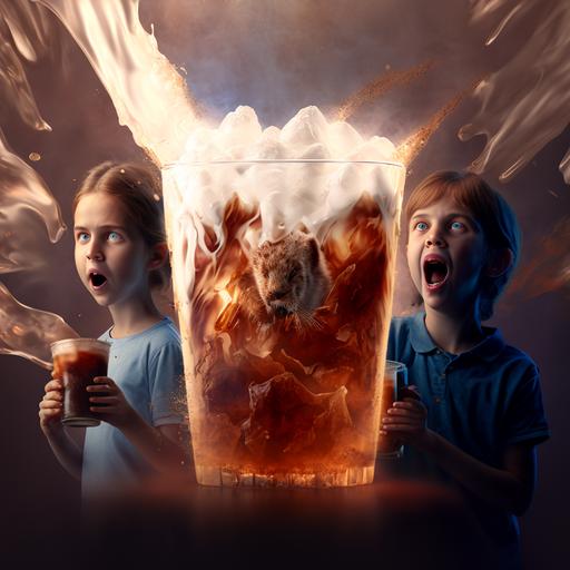Photorealism of beautiful teenagers and kids enjoying iced Coffee Latte cup drink, feeling fresh and spirited with explosion of wax liquid and giant ice cubes, delicate, style by IKEA, epic composition, dramatic lighting, atmospheric, super resolution, super sharp, 8k, UHD --q 5 --v 4 --s 50