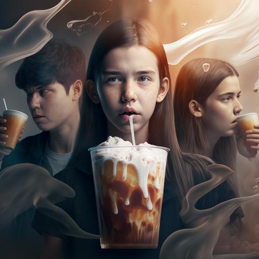 Photorealism of beautiful teenagers and kids enjoying iced Coffee Latte cup drink, feeling fresh and spirited with explosion of wax liquid and giant ice cubes, delicate, style by IKEA, epic composition, dramatic lighting, atmospheric, super resolution, super sharp, 8k, UHD --q 5 --v 4 --s 50