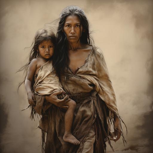 Photorealistic and sepia toned, a thin young native American woman in Native American dress is walking toward the viewer. She is exhausted, crying, holding her infant with her left arm, and holding the hand of a small child who is walking with her dressed in rags, barefoot and who is crying.