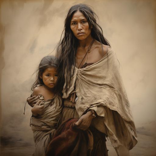 Photorealistic and sepia toned, a thin young native American woman in Native American dress is walking toward the viewer. She is exhausted, crying, holding her infant with her left arm, and holding the hand of a small child who is walking with her dressed in rags, barefoot and who is crying.