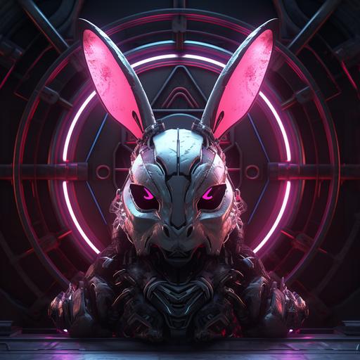 Photorealistic concept art, sleek and futuristic skull like rabbit, doors swing open, futuristic, innovative features, dynamic curves,detailed textures, ambient lighting reflecting off the rabbits face, neon eyes, rabbit colors black, silver, neon purple,photography, cinematic, anti-aliasing, CGI, neon podium,