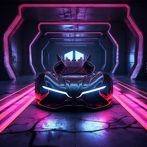 Photorealistic concept art, sleek and futuristic skull like rabbit looking car, doors swing open, futuristic, innovative features, dynamic curves,detailed textures, ambient lighting reflecting off the car surface, neon eyes, rabbit colors black, silver, neon purple,photography, cinematic, anti-aliasing, CGI, neon podium