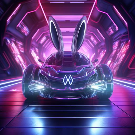 Photorealistic concept art, sleek and futuristic skull like rabbit looking car, doors swing open, futuristic, innovative features, dynamic curves,detailed textures, ambient lighting reflecting off the car surface, neon eyes, rabbit colors black, silver, neon purple,photography, cinematic, anti-aliasing, CGI, neon podium